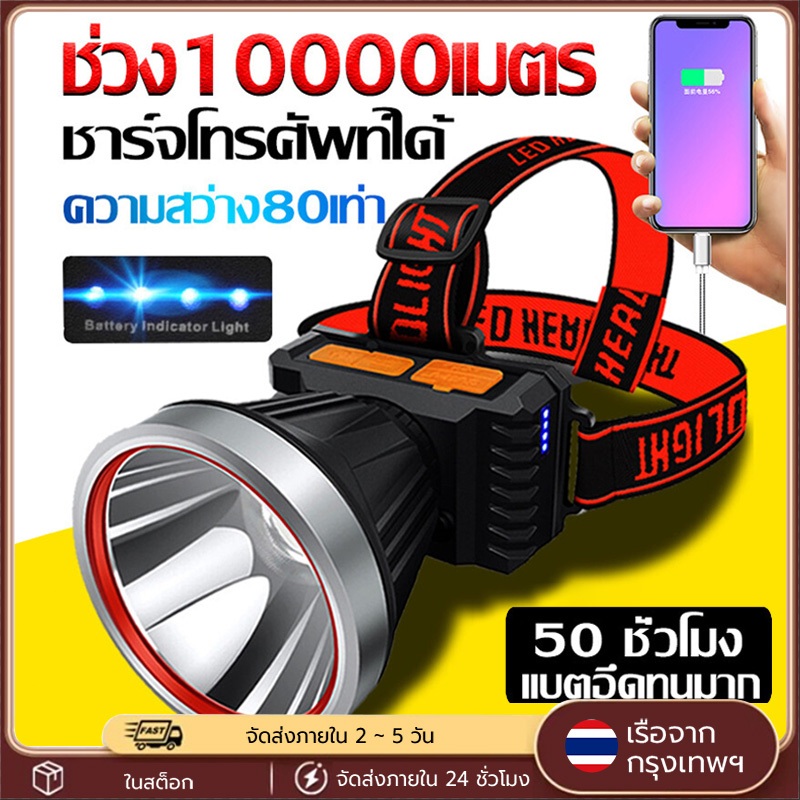 ไฟฉายคาดหัว LED กันน้ำ USB ใช้งาน200ชม. ส่องไกล10000m ไฟแรงสูง แบตทนทาน เหมาะสำหรับส่องกบ เดินป่า