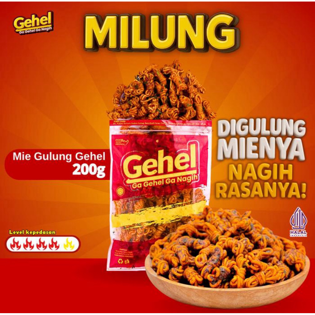 Indonesia Gehel Mie Gulung ( Milung ) Pedas Jeruk /Spicy Leaves Roll Noodles Snakcs 200 gramh