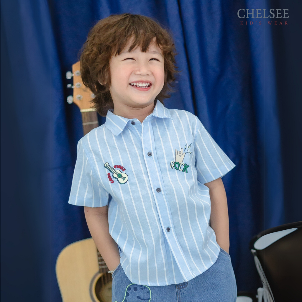 Chelsee เสื้อเชิ้ต แขนสั้น ลายกีต้าร์ ลายทาง ผ้า 100%Cotton เด็กผู้ชาย อายุ 1.5-10 ปี เสื้อผ้าเด็กโต รุ่น 128143