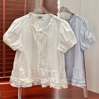 SISSY : เสื้อแขนสั้นคอกลม แขนตุ๊กตา ผ้าคอตตอน แต่งโบว์หน้า ร…