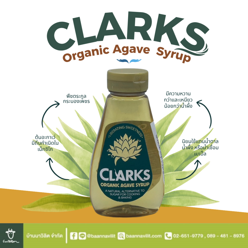 น้ำเชื่อม ออแกนนิคอากาเวไซรัป clark organic agave syrup ตราคลาค ขนาด 250 มล.(EXP : 27/10/2027)