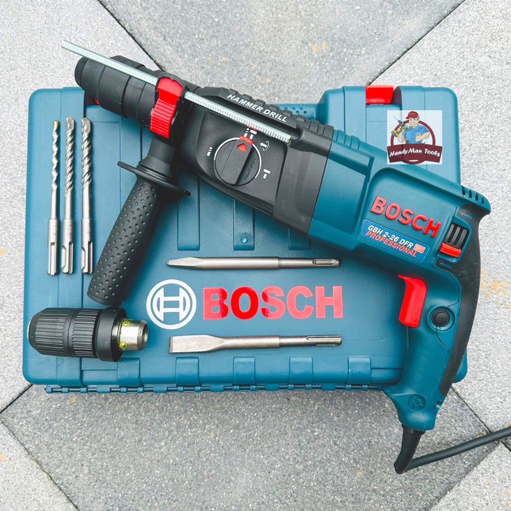 BOSCH สว่านโรตารี่ 2-26 mm 1500W 3 ระบบ รุ่น GBH2-26DFR พร้อมดอกเจาะปูน 3 ดอก ดอกสกัด 2 ดอก และอุปกรณ์กระเป๋า