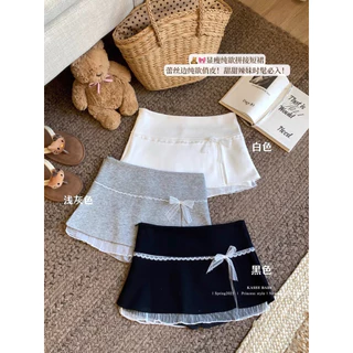STR พร้อมส่ง🍑💞กระโปรงมินิ แต่งลูกไม้ ติดโปว์ กระโปรงสั้นทรงเอ ทรงรัดรูป มีกางเกงซับใน สีพื้น Y2K Skirt เซ็กซี่สุดๆแก๋ๆ