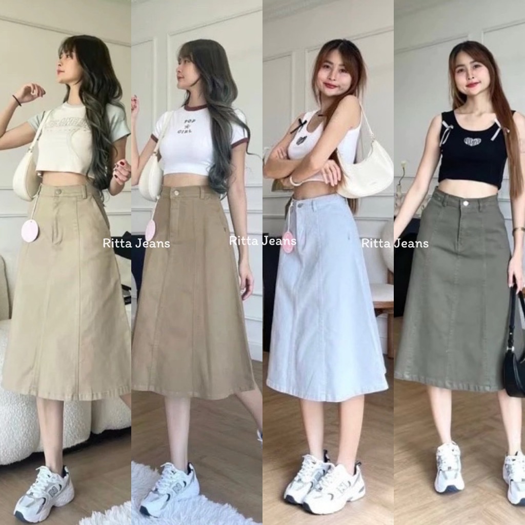 Rittajeans กระโปรงยีนส์ ผ้ายืด เอวสูง สไตล์เกาหลี (S-XL)