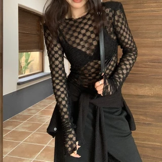เสื้อถักไหมพรมแขนยาว คอกลม ดีเทลลูกไม้ซีทรู สไตล์เกาหลี แฟชั่น
