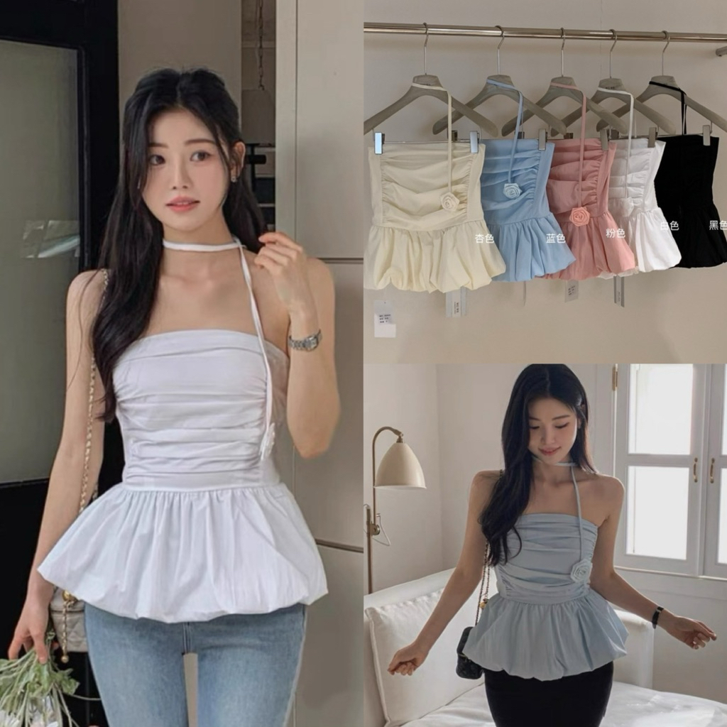 📍พร้อมส่ง📍5634 เสื้อเกาะอกหลังสมอค ทรงบอลลูน มาพร้อมเชือกแต่งดอกไม้ เนื้อผ้าดี ทรงสวย  TAG:WG.WE 🇰🇷
