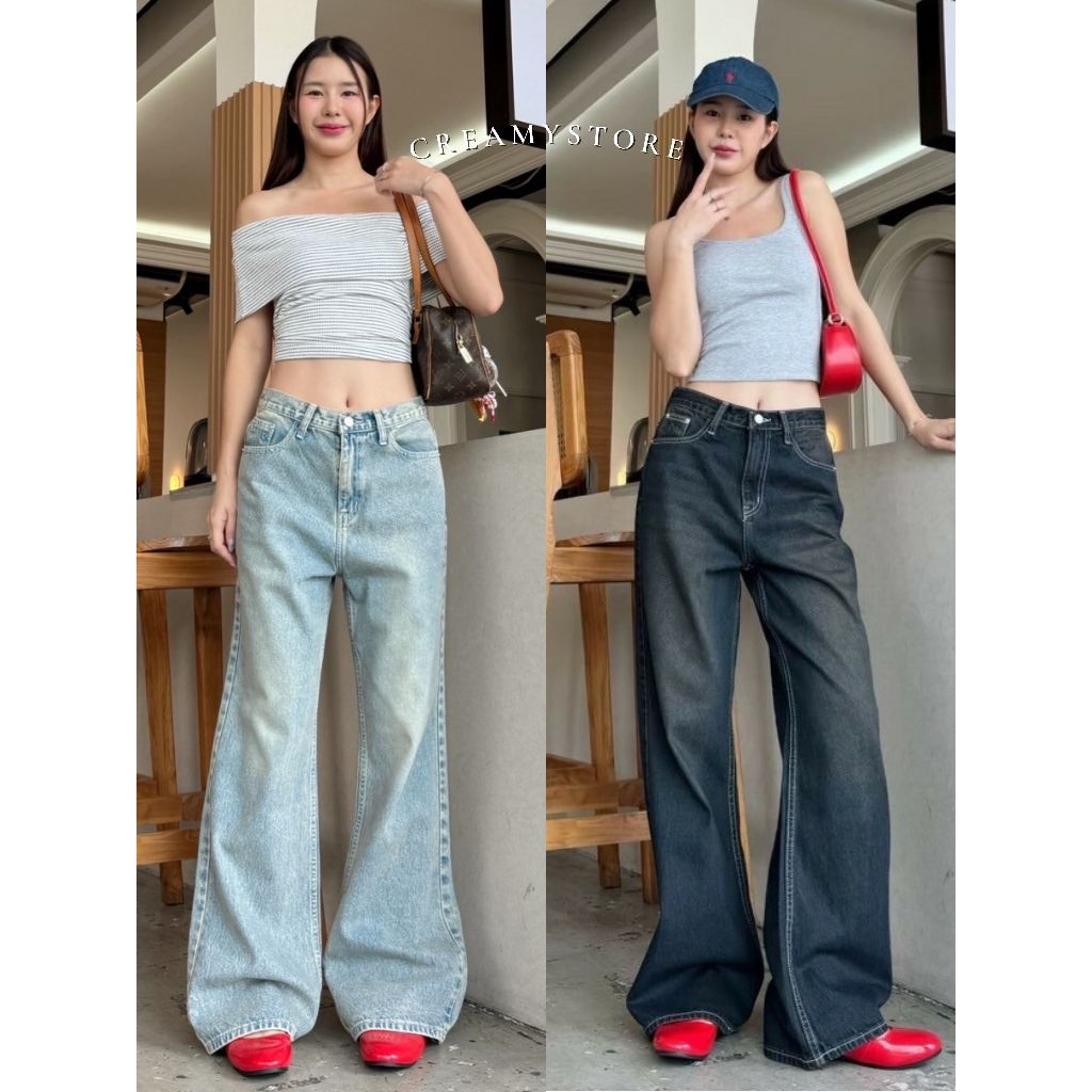 Creamystore กางเกงยีนส์กระบอกใหญ่ปลายขาม้า Botty Jeans ป้ายYam' jeans🍨