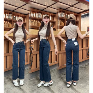 กางเกงยีนส์ขากระบอก เบสิค ผ้ายืด เอวสูง ทรงสวยใส่สบาย