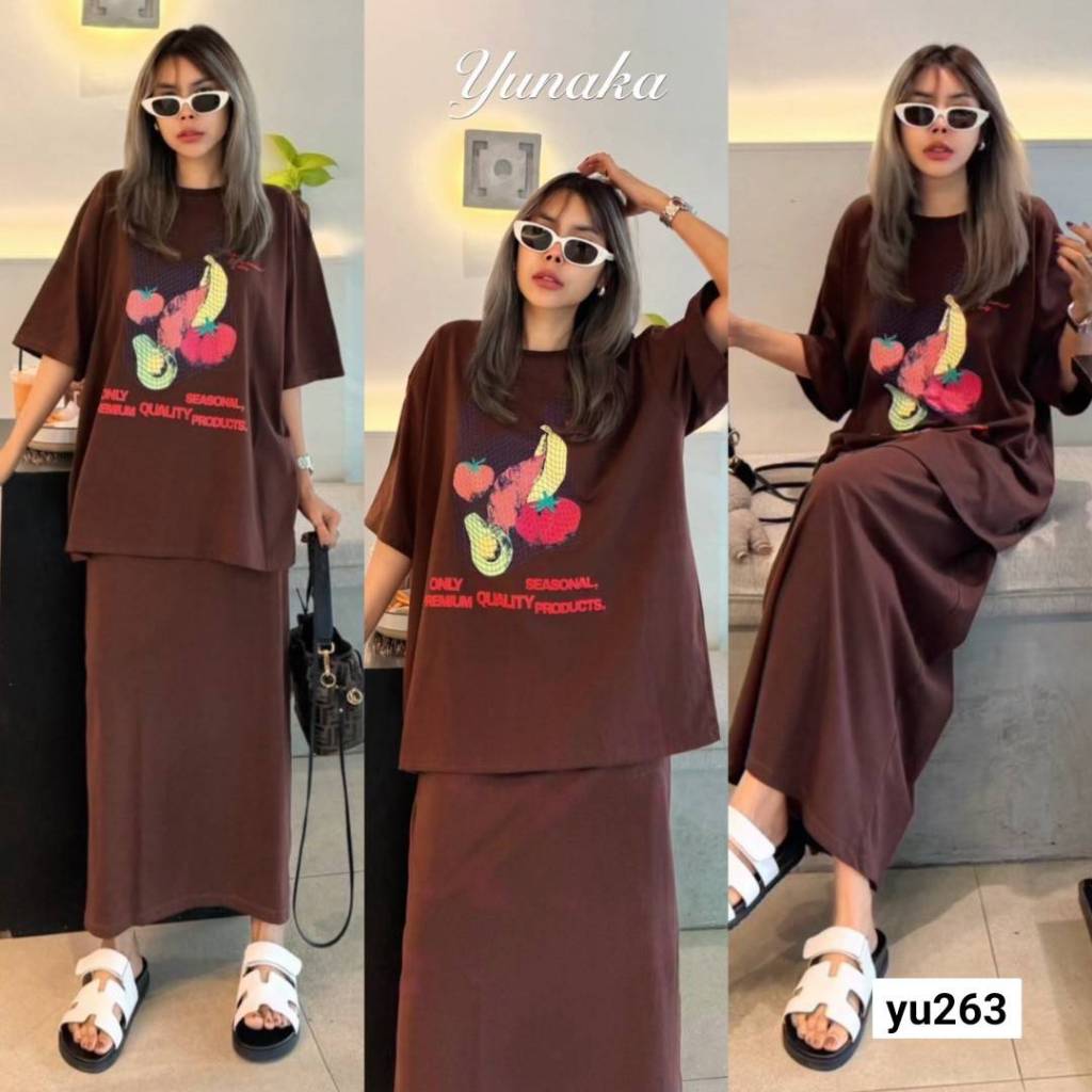 เซทเสื้อยืดแขนสั้น ทรง oversize สกรีนหน้าอกใหญ่ๆกลางเสื้อ มาพร้อมกับกระโปรงทรงเอ yunaka