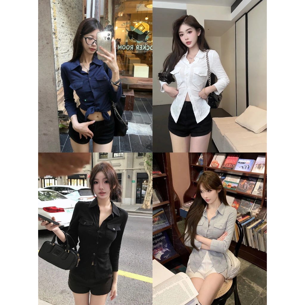 เสื้อเชิ้ตเเขนยาว เสื้อเชิ้ตสีพื้น คอปก ใส่ทำงาน ใส่ดันเเดดได้ เเต่งกระเป๋าด้านหน้า #1502326