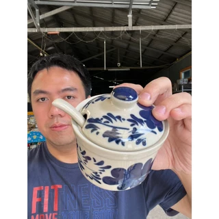 โถเครื่องปรุงลายดอกไม้สีครามL โถใส่เครื่องปรุงเซรามิค โถใส่น้ำปลาพริก รวมช้อน ขนาด4 นิ้ว (กว้าง 10 ซม. x สูง 10 ซม.)