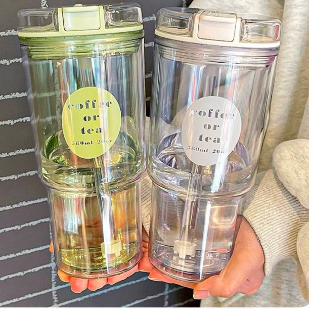 แก้วน้ำพลาสติก 2 ชั้น พร้อมหลอด  22 ออนซ์ (oz) เหมาะสำหรับพกพา  Double Wall Cold Cup 580ml รุ่น TRAVEL