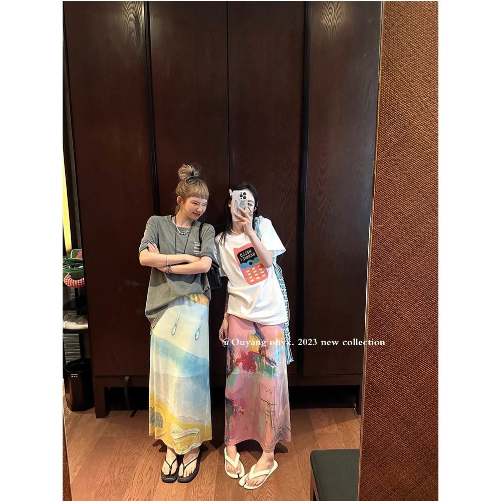 ผู้หญิงฤดูร้อนใหม่พิมพ์กระโปรงยาวแยกตรงกระโปรง