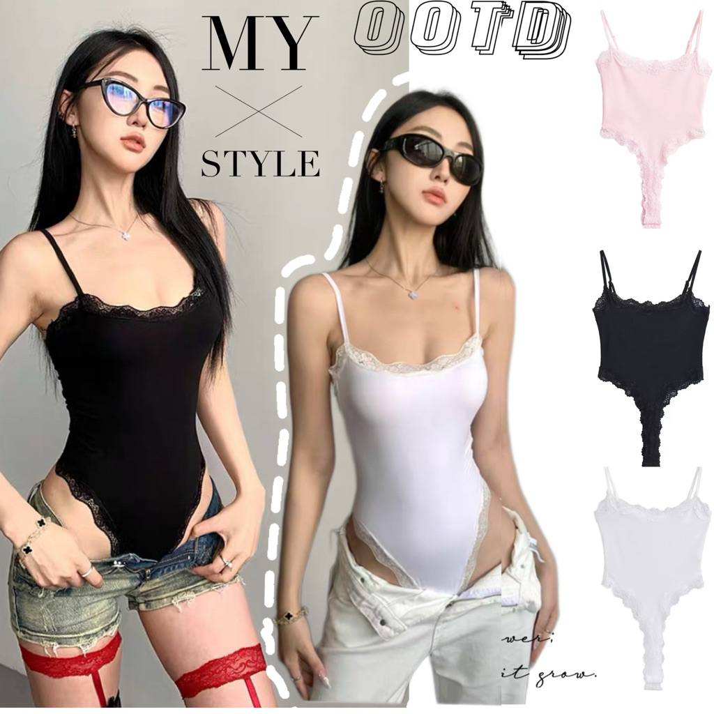 STR พร้อมส่ง👙ชุดบอดี้สูทลูกไม้เซ็กซี่ เสื้อท็อปเอวลอยทรงเข้ารูปแต่งขอบลูกไม้ Slimming ใส่แล้วดูหนุ่นดีแฟชั่นผู้หญิง