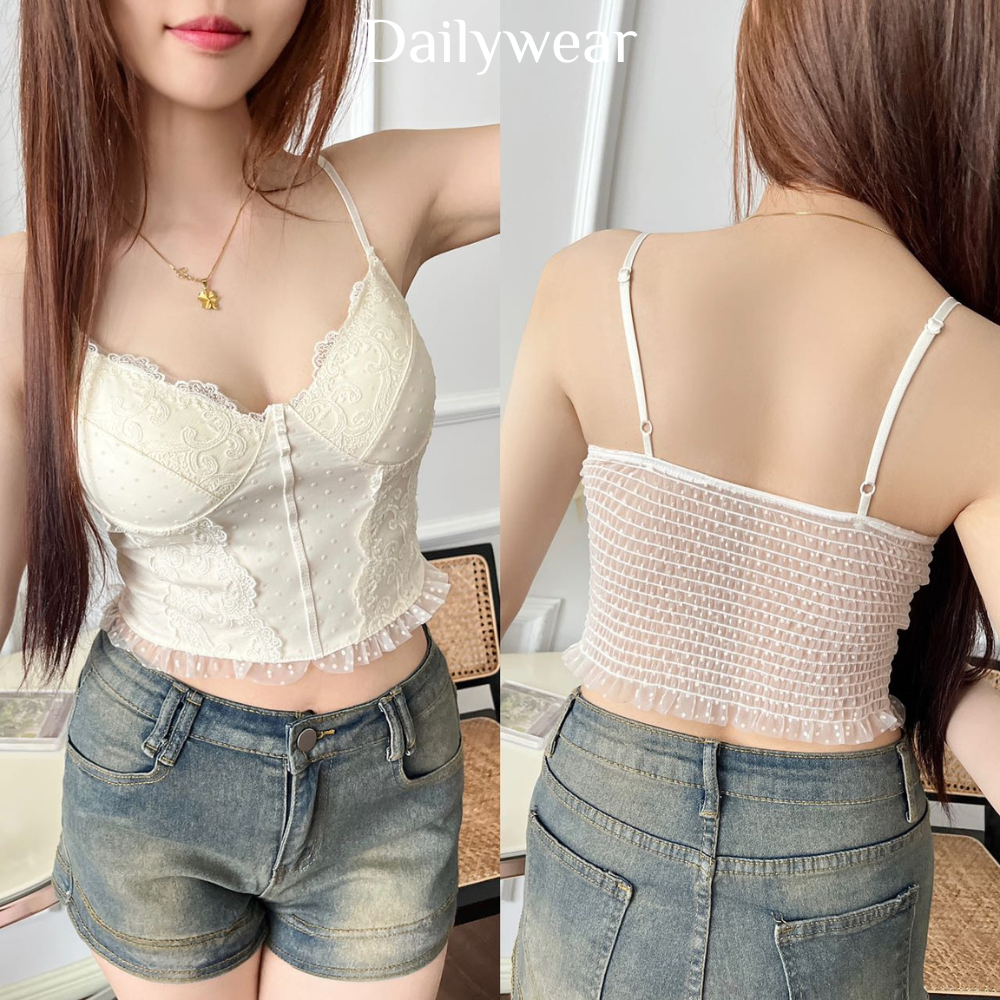 Dailywear พร้อมส่ง✨ เสื้อเกาะอกลูกไม้มีแผ่นซับใน เสื้อกล้ามสไตล์เกาหลี หลังเปิดเซ็กซี่+สายปรับระดับได้