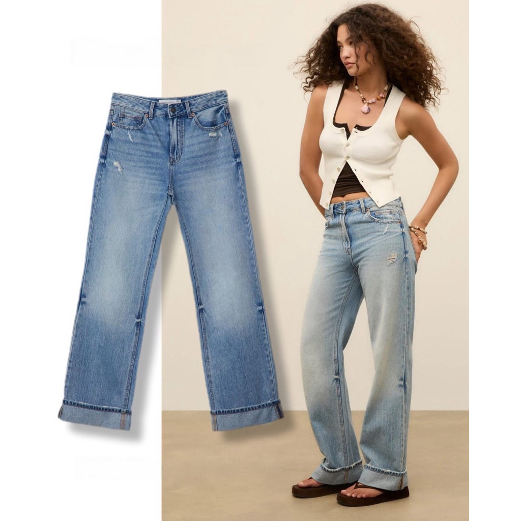 กางเกงยีนส์ขาพับทรงขากระบอก Stradivarius D92 Wide Leg Jeans แบรนด์แท้STR💯 ทรงใส่สวย ดูแพงมากก