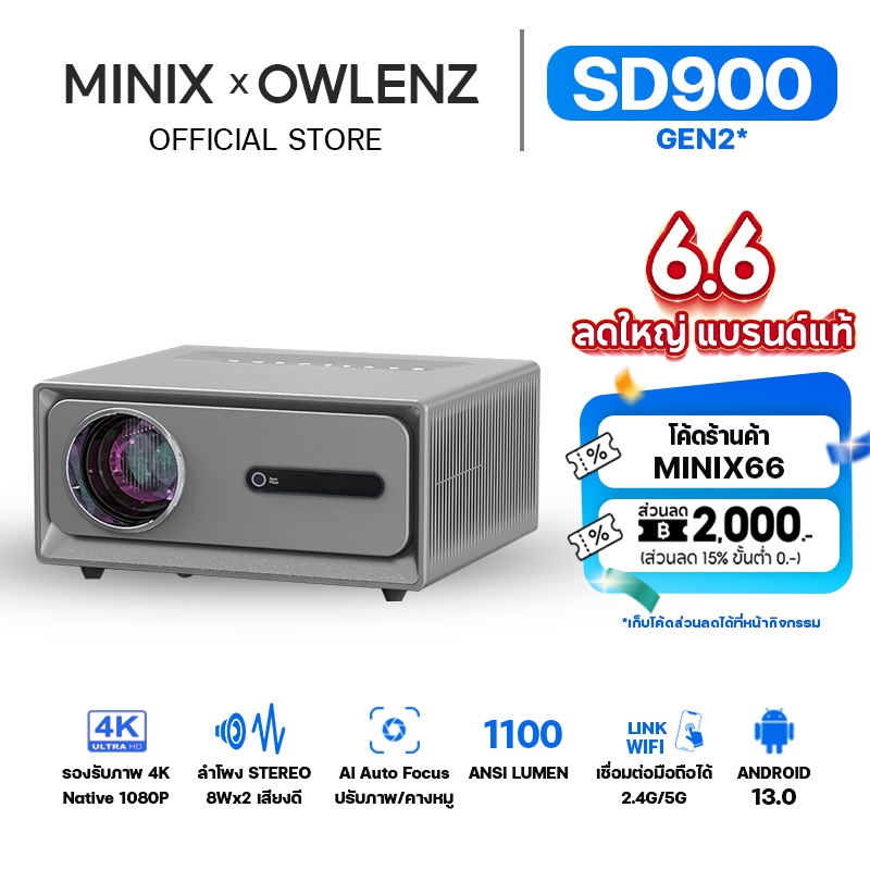 Owlenz SD900 โปรเจคเตอร์ ภาพชัด 1080p รองรับ 4K สว่าง 700 ANSI Lumens สีดำ