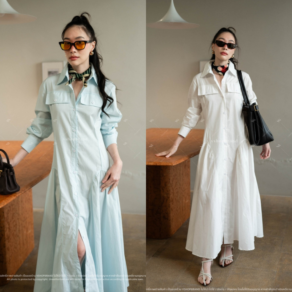 พร้อมส่ง Maxi เดรสแขนยาวกระเป๋าอกคู่หลอก กระโปรงบาน งานป้ายVshop