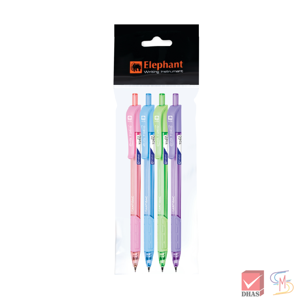 (แพ็ค 4) Elephant ตราช้าง ปากกา ปากกาลูกลื่น ดริฟท์ โทริโอะ 0.5 น้ำเงิน จำนวน 4 ด้าม/แพ็ค