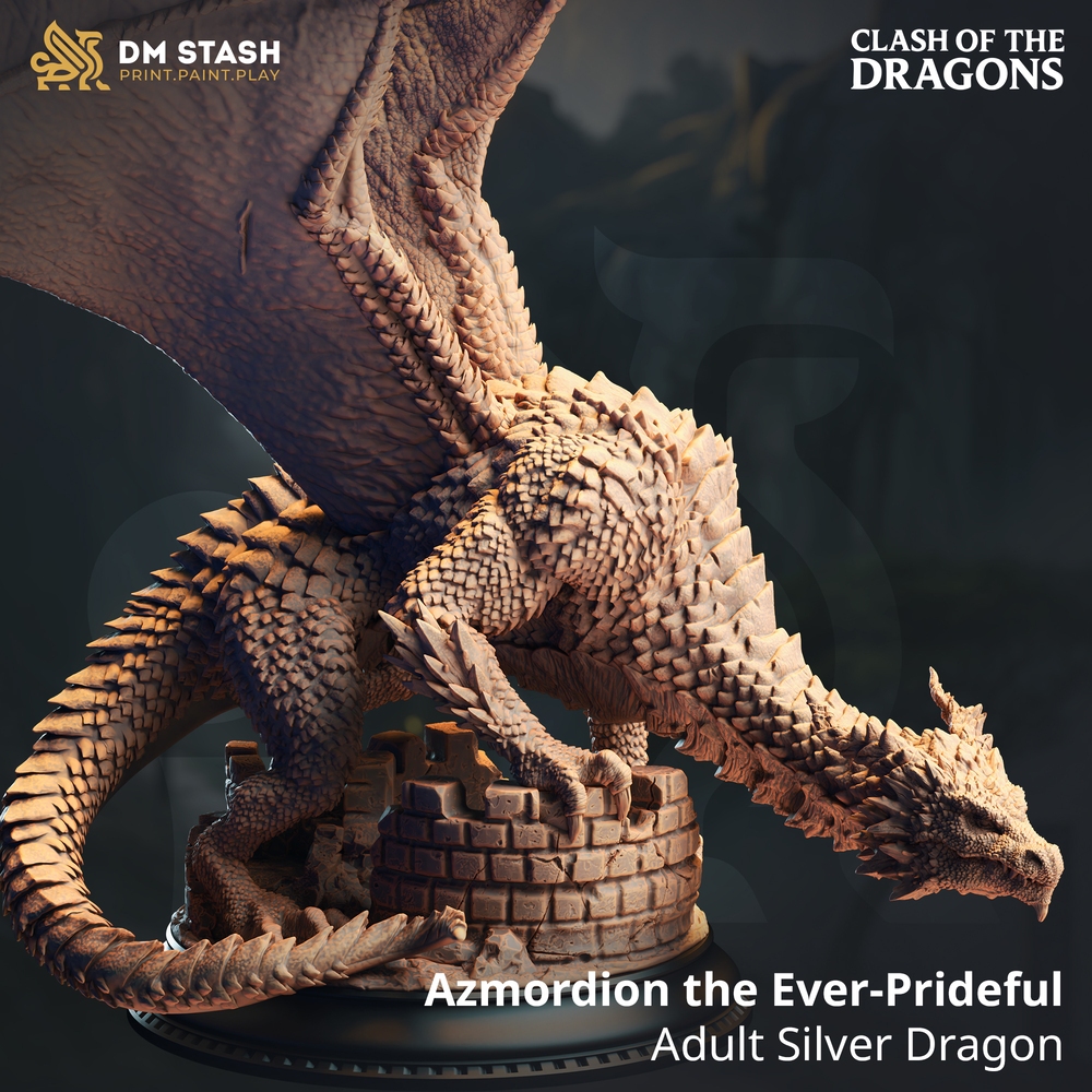 DND Dragon I Azmordion - Adult Silver Dragon - Base 3 inch (งานเรซิ่นสีเทา)