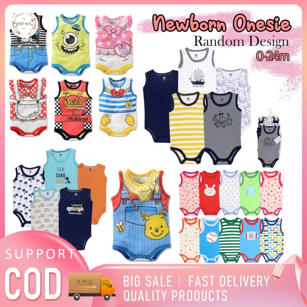 เสื้อบอดี้สูทแขนกุดสำหรับเด็กแรกเกิด ผลิตจากผ้าฝ้าย 100% ลวดลายน่ารักแบบสุ่ม สำหรับเด็กชายและเด็กหญิง อายุ 0-24 เดือน