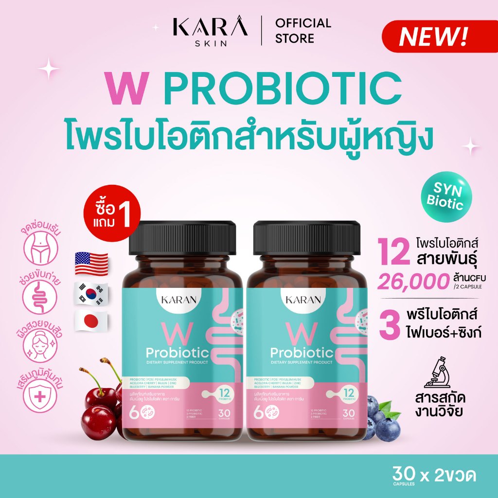 (1แถม1)KARAN W Probiotic เพื่อผู้หญิง โพรไบโอติก12สายพันธุ์+พรีไบโอติก3+Fiber3 ปรับสมดุลจุดซ่อนเร้น