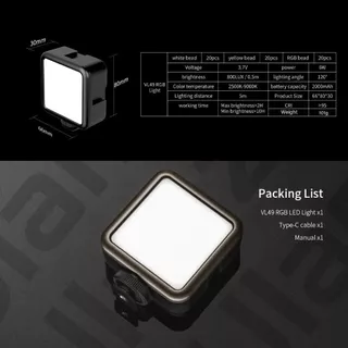 Ulanzi VL49 ไฟเซลฟี่ RGB ไฟติดหัวกล้อง ไฟพกพา ปรับได้ 360 สี สำหรับถ่ายภาพ วิดีโอ ไลฟ์สด Mini Light