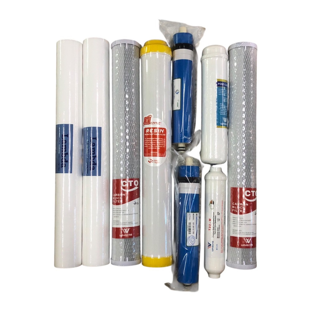ไส้กรองตู้น้ำ 9 ไส้ (PP20"5M2แท่ง+CTO20"+เรซิ่น20"+Post CB12"+RO150G 2 แท่ง +Post carbon10"+CTO20")