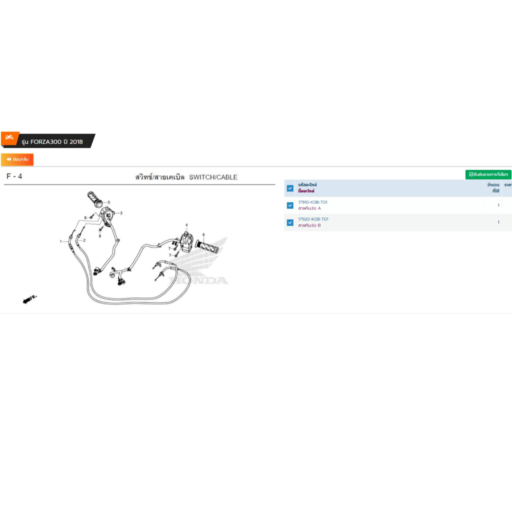 17910-K0B-T01 สายคันเร่ง A  /17920-K0B-T01สายคันเร่ง B รถ FORZA300
