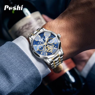 POSHI นาฬิกาแฟชั่นสำหรับผู้ชาย นาฬิกาควอตซ์กันน้ำ เรืองแสง ปฏิทินกลวง นาฬิกาข้อมือสำหรับผู้ชาย PS989