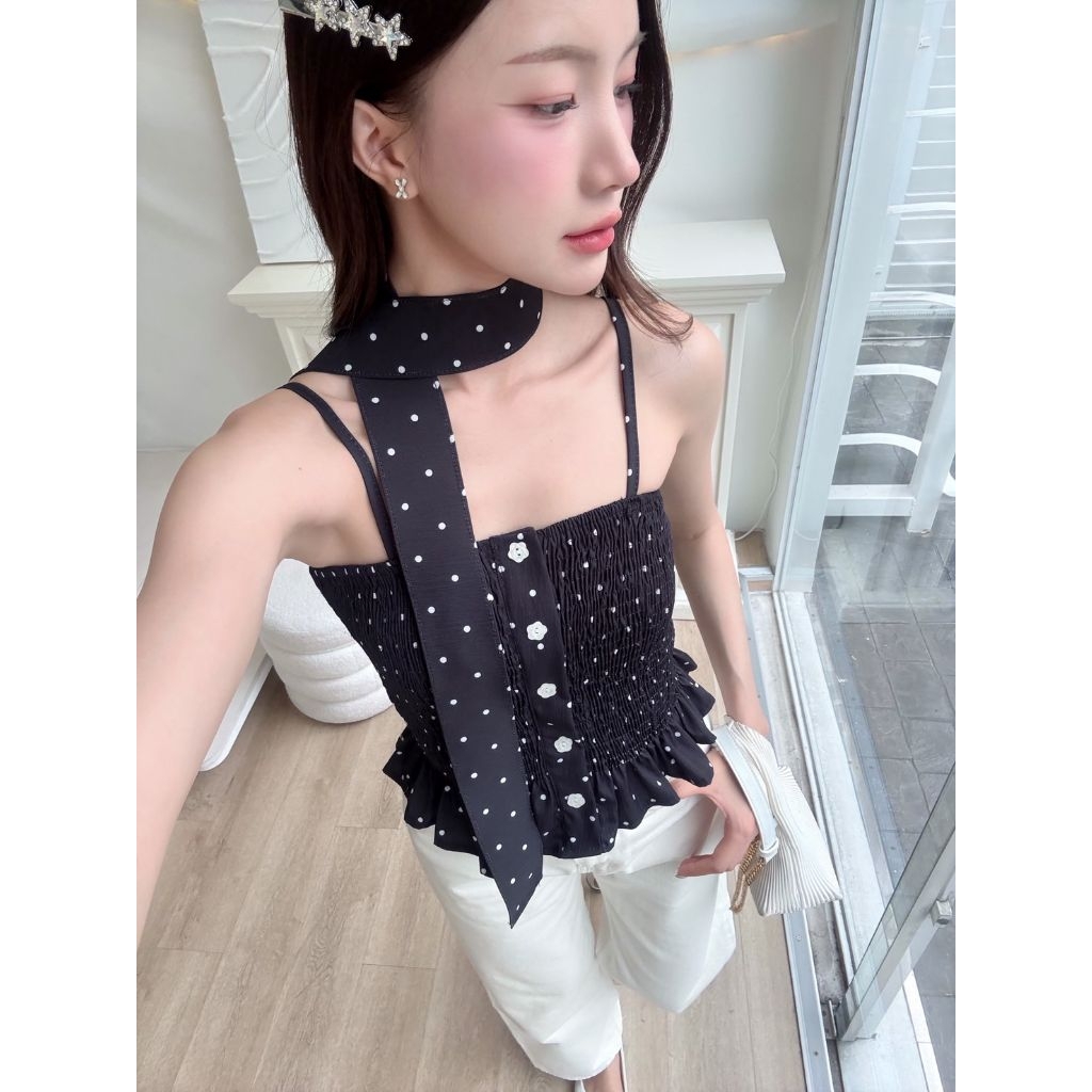 เสื้อสายเดี่ยวลายจุด+ผ้าผูกโบว์ - รูปที่ 6