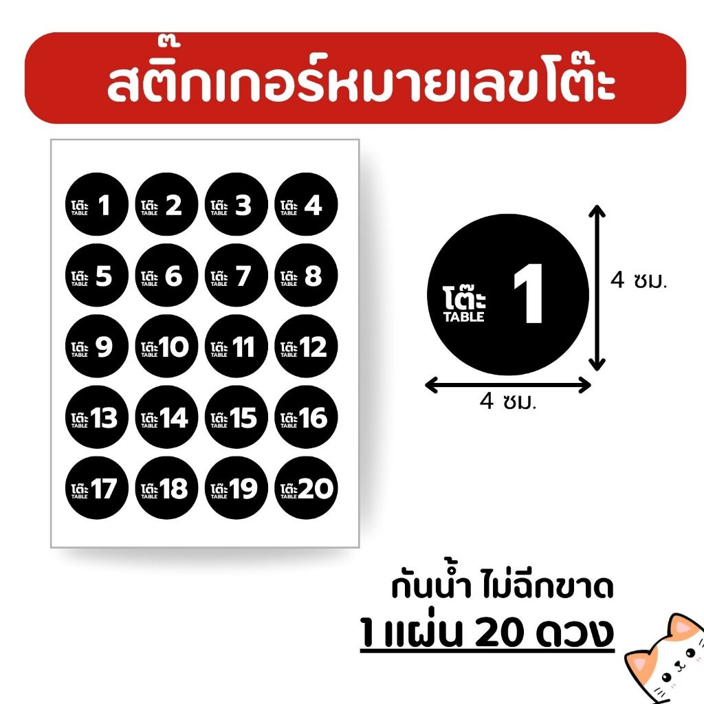 สติกเกอร์ หมายเลขโต๊ะ วงกลม ตัวเลข เนื้อ หมึกกันน้ำ ไม่ฉีกขาด 20 ดวง