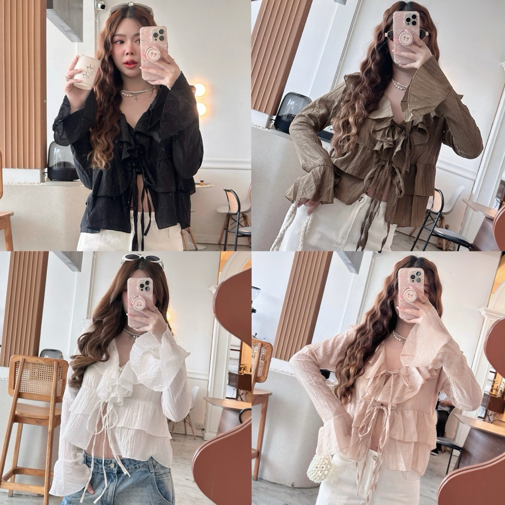 Teera❤️พร้อมส่ง✨Bershka l top💘ใส่ง่าย ไม่ต้องรีด  เสื้อระบายทรงสวย แขนยาว💕เด่นตรงแขนย้วยระบาย ทั้งคอ แขน ละมุนค่า sheeny