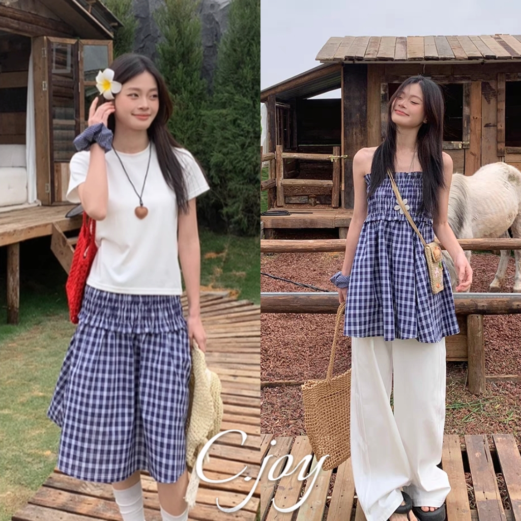 C.Joy💓เกาะอกลายสก็อต ที่สามารถใส่เป็ นกระโปรง ได้ค่า แฟชั่นเกาหลี กระโปรงทรงเอเอวสูง กระโปรงทรงเอยาวปานกลางใหม่