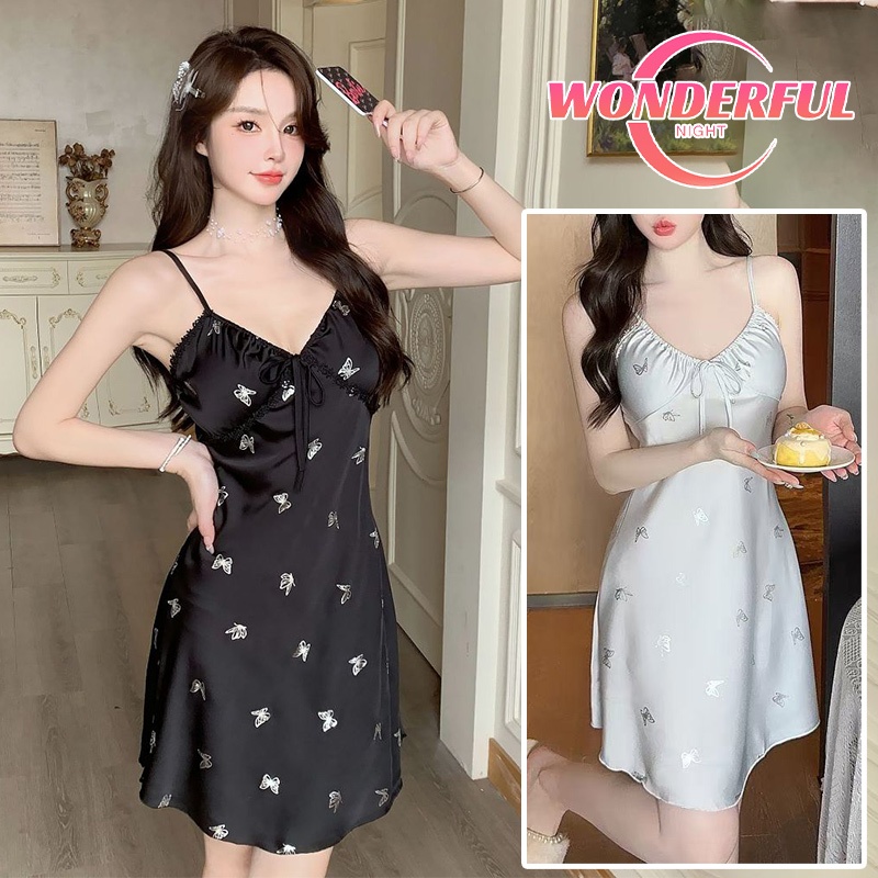 Wonderful Night ลายผีเสื้อ เดรสผ้าซาติน sexy ชุดนอนสายเดี่ยว น้ำหนักเบา คอวี ผ้าเนื้อนุ่ม สวมใส่สบาย
