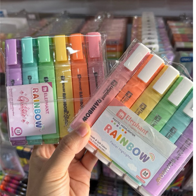 Elephant ปากกาเน้นข้อความrainbow(พาสเทล)/rainbow glitter(กากเพชร) แพค6แท่ง ตราช้าง 3.8mm
