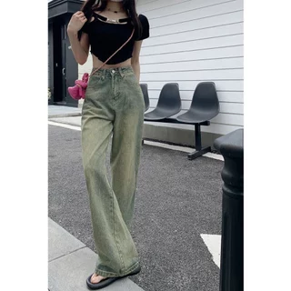 ⭐919JEANS⭐กางเกงยีนส์กระบอกใหญ่ยีนส์สนิมเขียวฟอก กางเกงยีนส์ขายาวเอวสูงทรงกระบอก