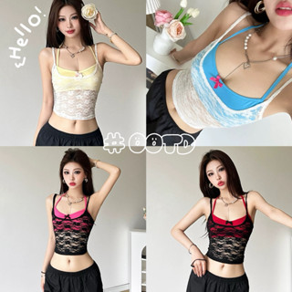 STR พร้อมส่ง🎀เสื้อสายเดี่ยวลูกไม้ เซ็ต2ชิ้น ครอปท็อป ทรางกระ…