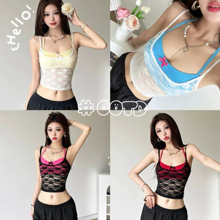 STR พร้อมส่ง🎀เสื้อสายเดี่ยวลูกไม้ เซ็ต2ชิ้น ครอปท็อป ทรางกระชับตัว ติดโบว์ สไตล์Y2k แฟชั่นสตรีเซ็กซี่