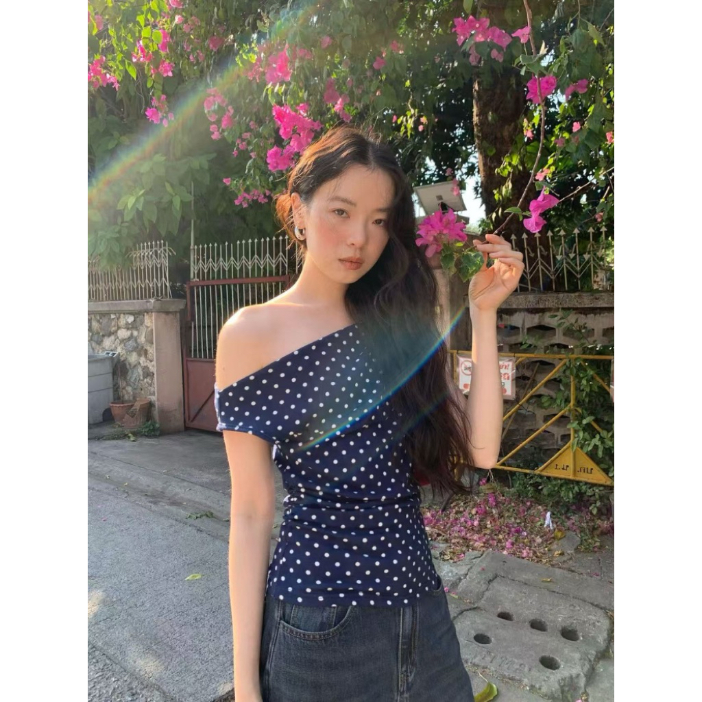 พร้อมส่ง Stella Dot Blouse เสื้อปาดไหล่แต่งลายจุด polkadot คอตตอลเนื้อนิ่มยืดใส่สบายผ้าคอตตอลพรีเมียม - รูปที่ 5