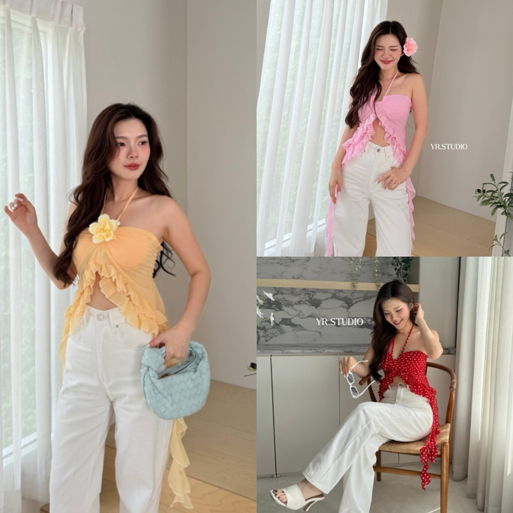 CHIFFON TOP เสื้อเกาะอกเเต่งระบายเเมงกะพรุน เเต่งเชือกสามารถคล้องคอ เย็บผ้า 2 ชั้นงานสวยเเมทกับยีนส์