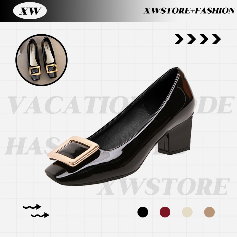 XWshopee พร้อมส่ง ทั่วไทย รองเท้าคัทชูแฟชั่นมาใหม่ แบบสวม ส้นสูง แต่งอะไหล่ที่หัวรองเท้า สวยชิค ไม่ซ้ำใคร เรียบๆ แต่สวยป