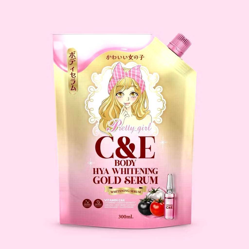 พริตตี้เกิลล์ เซรั่มผิวกลูต้าไฮยา C&E บูสผิวให้ออร่า ผิวกระจ่างใสเรียบเนียน 300ml.