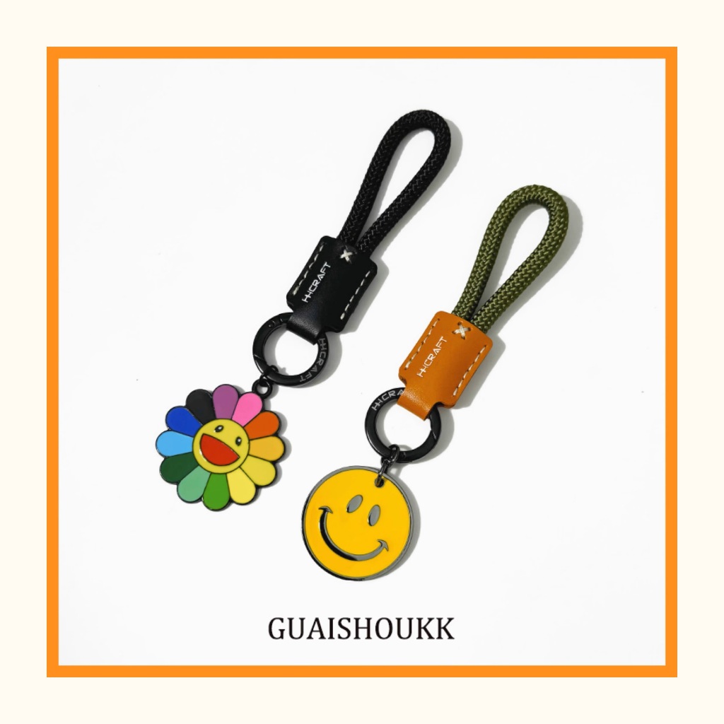 murakami flower พวงกุญแจหนังวัวจี้โลหะดอกไม้ดวงอาทิตย์หน้ายิ้มน่ารักที่ห้อยกระเป๋าหญิงสวยหรูของขวัญ