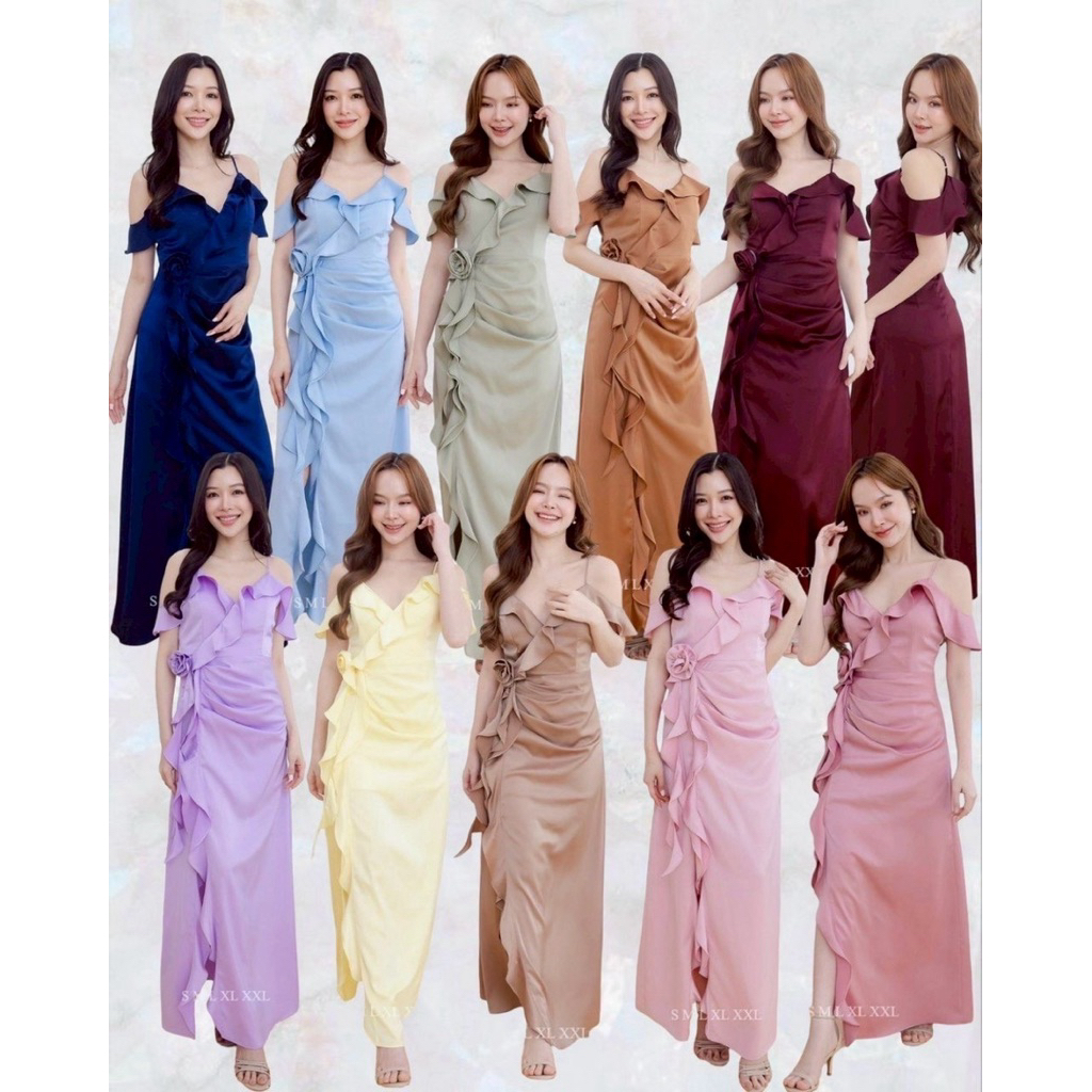 ชุดเดรส ชุดออกงาน ชุดราตรี FP059 สายเดี่ยวอ้อมแขน มีระบาย มีฟองน้ำ