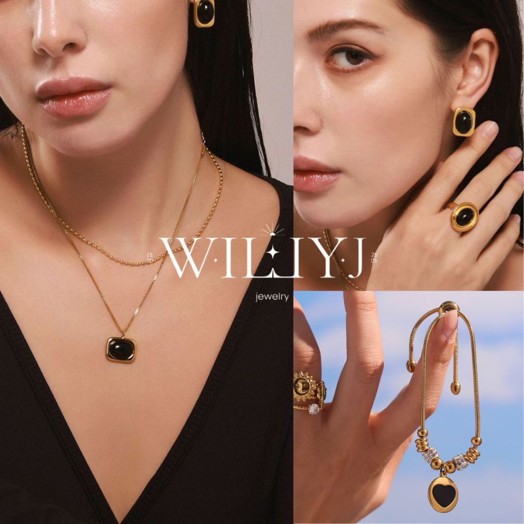 สร้อยคอและชุดเครื่องประดับแฟชั่นผู้หญิง รุ่นonyxสีดำ สร้อยคอ ต่างหู แหวน WillyJ