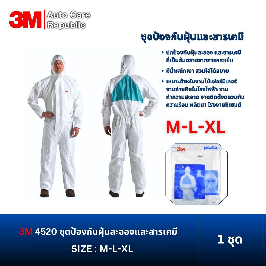 3M ชุดป้องกันฝุ่น ละออง และสารเคมีสารเคมี แบบใช้แล้วทิ้ง รุ่น 4520 ไซส์ M , L , XL