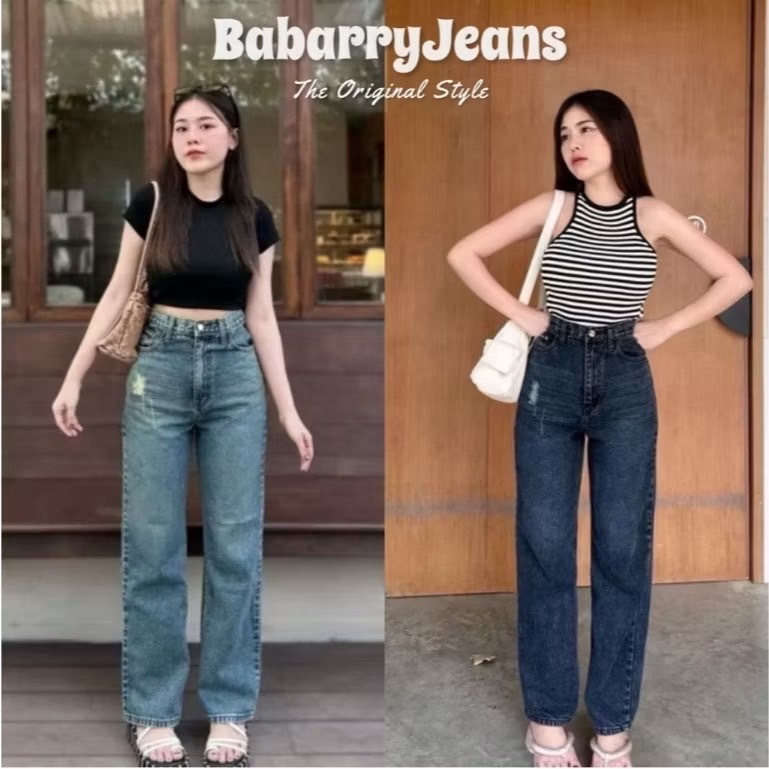 Babarry Style - กางเกงยีนส์ขายาว ผญ กระบอกขาตรง สะกิดขาด