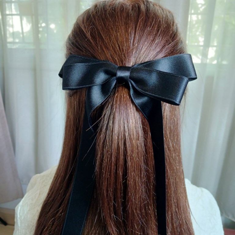 [V31] โบว์ติดผมริบบิ้นผ้าโพลีคอตตอนสีดำ โบว์สีดำติดผมกิ๊บปากเป็ดโบว์น่ารักริบบิ้นเกรดพรีเมี่ยมมันเงาสองด้านเนื้อไม่ยับ
