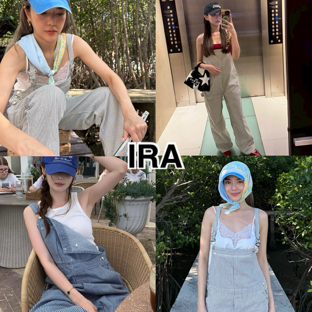 BY IRA 📌พร้อมส่ง📌 เอี๊ยมขายาวลายทาง ผ้าเนื้อดีอยู่ทรงสวย ด้านข้างเป็นกระดุม